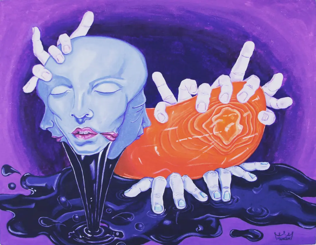 Pintura surrealista en tonos violetas y naranjas